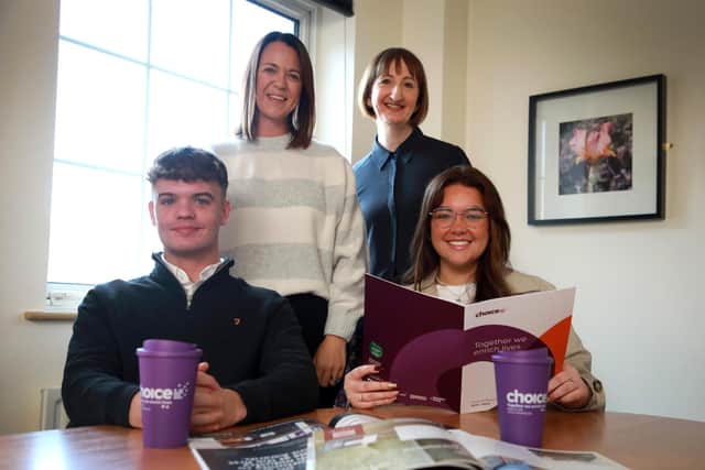 Pictured (back) is Julie Steele (Chartered Institute of Housing Northern Ireland) and Choice Housing’s Edel McLaughlin with student participants Jake Agnew and Clodagh Magee.
