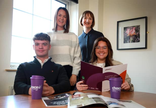 Pictured (back) is Julie Steele (Chartered Institute of Housing Northern Ireland) and Choice Housing’s Edel McLaughlin with student participants Jake Agnew and Clodagh Magee.