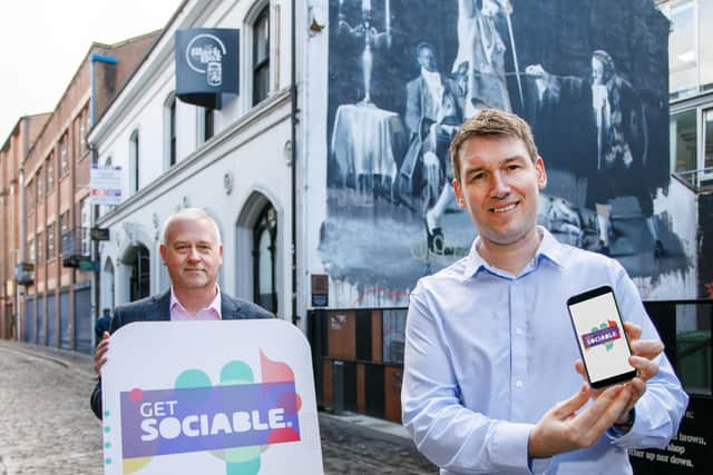 GetSociable CEO Peter McCleery and the Innovation Factory’s Stephen Ellis launch the new mobile web app aimed at boosting the night-time economy. The app is being piloted in Belfast before being rolled out to other cities in the UK, Ireland and mainland Europe