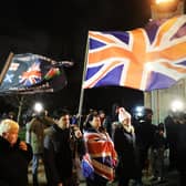Unionists gather at the front gates of Stormont on January 31 2020 to celebrate the UK leaving the EU. But they were also celebrating what was possibly a small step towards a united Ireland – certainly the biggest such move since 1921. Pic Kelvin Boyes / Press Eye