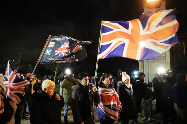Unionists gather at the front gates of Stormont on January 31 2020 to celebrate the UK leaving the EU. But they were also celebrating what was possibly a small step towards a united Ireland – certainly the biggest such move since 1921. Pic Kelvin Boyes / Press Eye