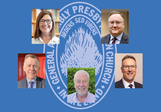 Above are the five ministers in the race to become the next moderator. Pictured, clockwise, from top left: Rev Mairisíne Stanfield; Rev Trevor Gribben; Rev Richard Kerr; Rev Gary McDowell; Rev Richard Murray