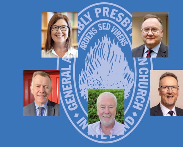 Above are the five ministers in the race to become the next moderator. Pictured, clockwise, from top left: Rev Mairisíne Stanfield; Rev Trevor Gribben; Rev Richard Kerr; Rev Gary McDowell; Rev Richard Murray