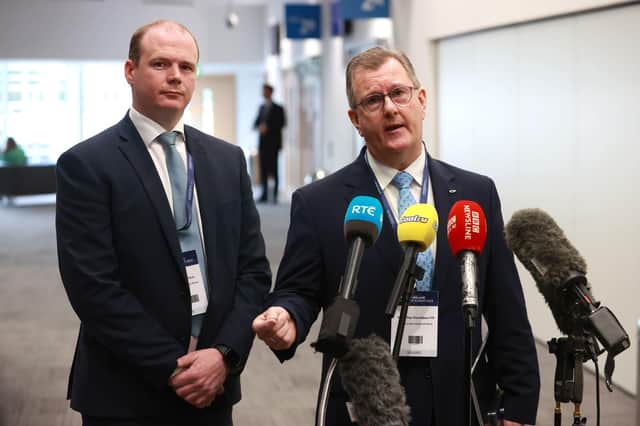 DUP leader Sir Jeffrey Donaldson (right) with Gordon Lyons speaking to the media during the Northern Ireland Investment Summit 2023 at the ICC, Belfast
