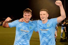 Craig Farquhar celebrates with Dougie Wilson after reaching the Irish Cup final