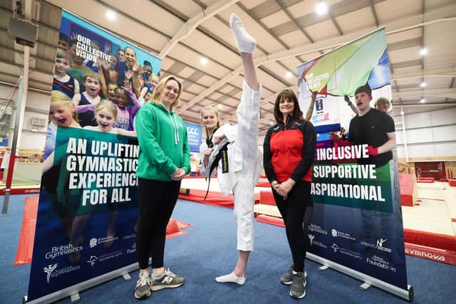Gymnastics Northern Ireland launches the new UK-wide ‘Leap without Limits’ vision for a positive experience for all in the sport, at Salto, City of Lisburn Gymnastics Centre. L-r: Robyn Hastings, Chair of Gymnastics NI; Amy Stewart, British Freestyle Taekwondo Champion, gymnast and coach, and Mandy McMaster, CEO at Salto. Picture: Presseye