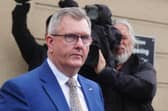 Jeffrey Donaldson leaving Newry Crown Court, sporting a Christian lapel badge, during a trial where he claimed his victims were lying. Photo: Brian Lawless/PA Wire