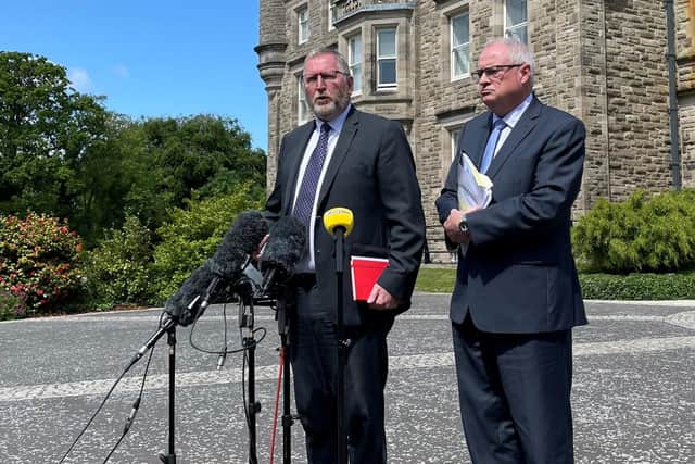 UUP leader Doug Beattie (left) and party colleague Steve Aiken outside Stormont Castle after a meeting with the head of the NI Civil Service Jayne Brady