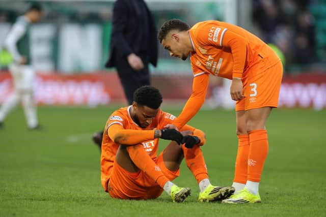 Rangers' Youssef Chermiti and Max Aarons react after the full-time whistle on Sunday following the William Hill Premiership draw at Easter Road. (Photo by Steve Welsh/PA Wire)