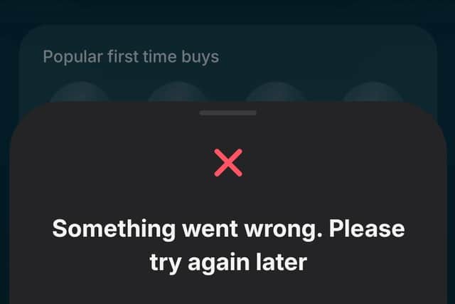 A screenshot taken from the Revolut finance app today, showing an error. Photo: Ben Bauer/Press Association