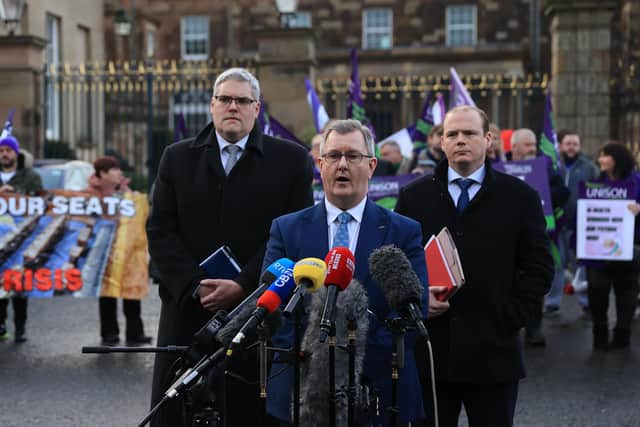 (Left to right) Deputy Leader of the DUP Gavin Robinson, Leader of the DUP Sir Jeffrey Donaldson and Gordon Lyons speak to media outside Hillsborough Castle after talks between Northern Ireland Secretary Chris Heaton-Harris and the main political parties last Monday
Photo: Liam McBurney/PA Wire