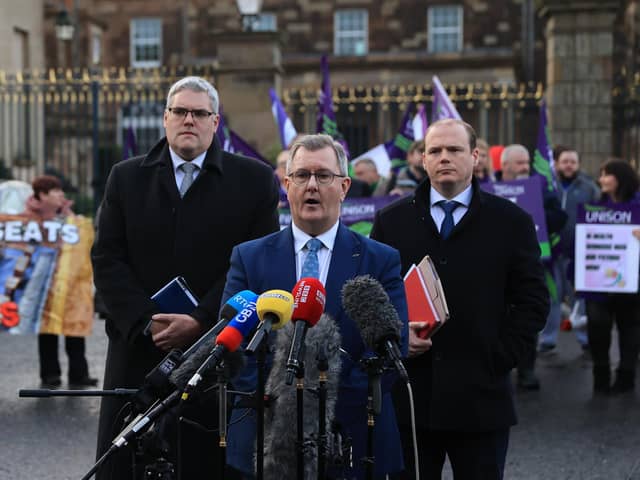 (Left to right) Deputy Leader of the DUP Gavin Robinson, Leader of the DUP Sir Jeffrey Donaldson and Gordon Lyons speak to media outside Hillsborough Castle after talks between Northern Ireland Secretary Chris Heaton-Harris and the main political parties last Monday
Photo: Liam McBurney/PA Wire