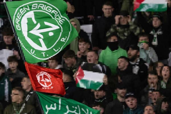 The PFLP flags on display last night - the original red one, and a customised Celtic one above