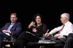 (left to right) Irish Justice Minister Jim O’Callaghan TD, SDLP leader Claire Hanna, and former First Minister of Wales Mark Drakeford, at the SDLP conference at the MAC Theatre in Belfast. Date: June 25, 2026.
