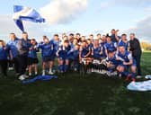 Limavady United celebrating securing the Playr-Fit Championship league title last weekend at Annagh United. (Photo by Paul Harvey/NIFL)