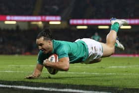 James Lowe scores Ireland's third try during the Guinness Six Nations win over Wales