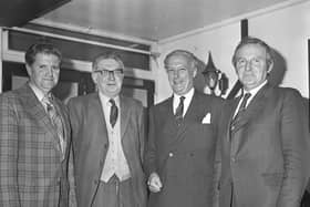 Pictured in November 1980 at the Ulster Ram Breeders Association annual dinner and prize distribution which was held at Ballymena, pictured are W B Stevenson, second right, URBA president, with Harold Dickey, secretary, Jack McElroy, chairman, and James Armstrong, secretary. Picture: Farming Life archives/Darryl Armitage