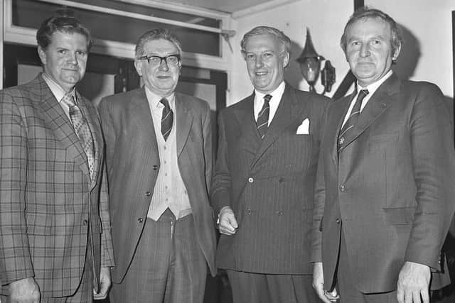 Pictured in November 1980 at the Ulster Ram Breeders Association annual dinner and prize distribution which was held at Ballymena, pictured are W B Stevenson, second right, URBA president, with Harold Dickey, secretary, Jack McElroy, chairman, and James Armstrong, secretary. Picture: Farming Life archives/Darryl Armitage