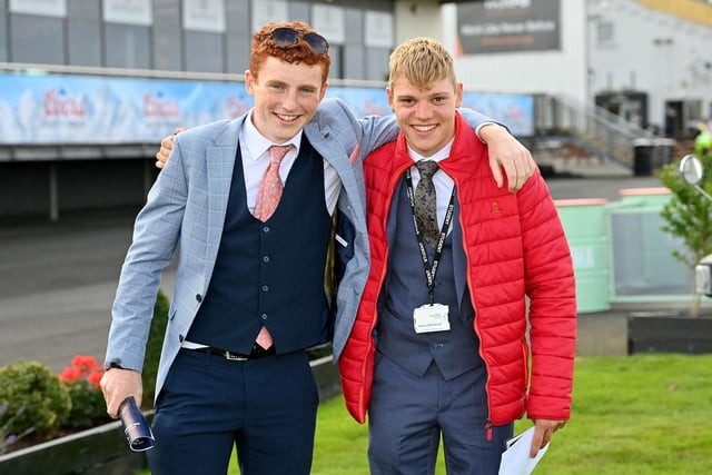 Press Eye - Belfast - Northern Ireland - 26th September 2022 - Molson Coors Race Day at Down Royal Racecourse - Alex Gilheaney and Joey Ryan  pictured at Down Royal. 
Photo by Stephen Hamilton  / Press Eye