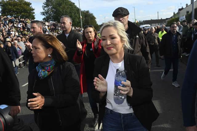 Northern Ireland First Minister Michelle O'Neill and Sinn Fein president Mary-Lou McDonald on Garvaghy Road during the dispute last month. Photo: Mark Marlow/PA Wire