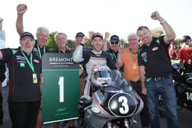 Lee Johnston celebrates winning the Classic Senior race at the Manx Grand Prix on Saturday.