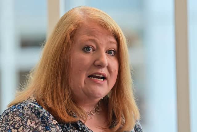 Alliance Leader Naomi Long speaks to the media   after a meeting with Taoiseach Micheál Martin  at Grand Central Hotel in Belfast.
