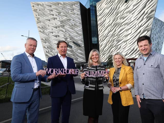 Northern Ireland Chamber of Commerce and Industry (NI Chamber) is set to host its first future workforce summit in Titanic Belfast. A new concept, it will explore employer-led solutions to the current and future needs of Northern Ireland’s workforce. The event, delivered in partnership with headline sponsor NIE Networks and supporting sponsors PwC, Henderson Group and Workplus, will bring together business leaders, policy makers and educators to share ideas and best-practice. Pictured are Cathal Geoghegan (Henderson Group), Gordon Parkes (NIE Networks), Suzanne Wylie (NI Chamber), Louise Black (PwC) and Richard Kirk (Workplus)