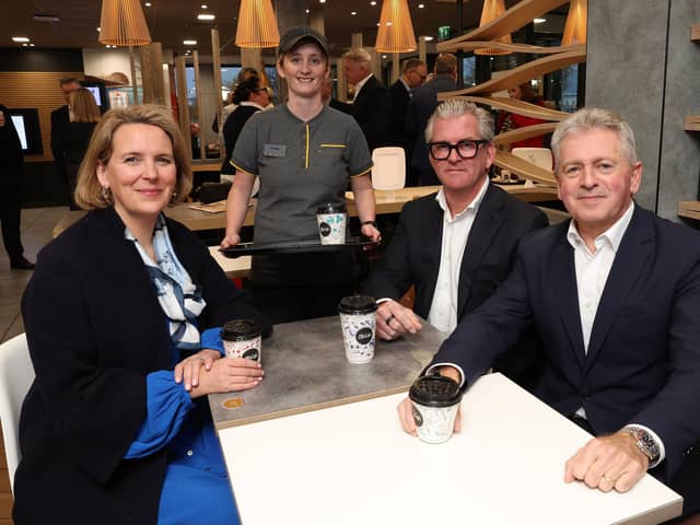 McDonald’s Rushmere restaurant are Beth Hart, VP supply chain & brand trust, McDonald’s UK and Ireland, Danielle Brady, crew trainer, McDonald’s, Neal McCone, global category head QSR & beverage, Huhtamaki Foodservice Europe, Asia, Oceania and chair, McDonald's supplier advisory council and John McCollum, franchisee, McDonald’s