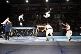 The Flying Grandpas in a dramatic display at the Belfast International Tattoo 2023 at the SSE Arena in Belfast on Friday September 1