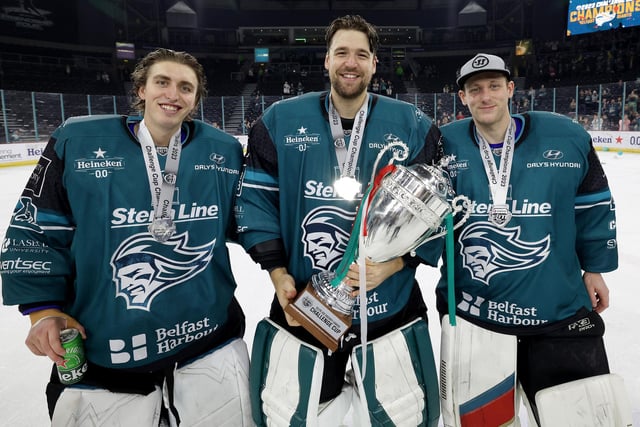Belfast Giants’ Jackson Whistle, Tyler Beskorowany and Andrew Dickson celebrate the Challenge Cup final win at the SSE Arena, Belfast.  Photo by William Cherry/Presseye