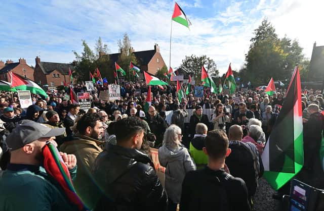 Thousands of pro-Palestinian protestors attend a rally in Belfast. The parade left from University Square making their way to Stranmillis Road and Danesfort Park. Pic Colm Lenaghan/Pacemaker