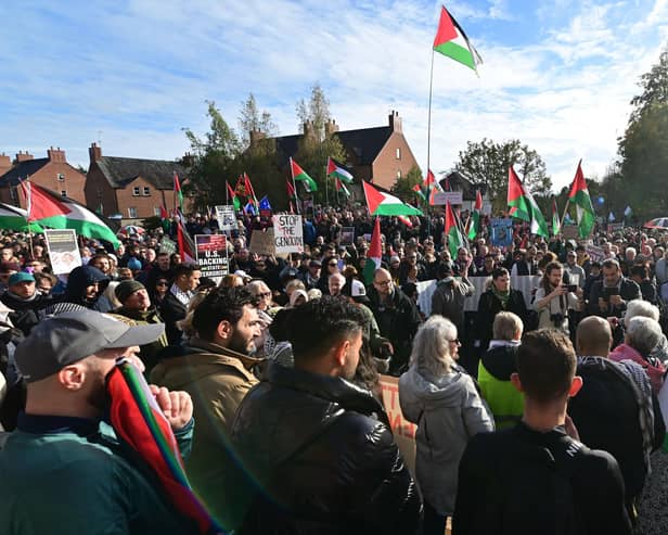 Thousands of pro-Palestinian protestors attend a rally in Belfast. The parade left from University Square making their way to Stranmillis Road and Danesfort Park. Pic Colm Lenaghan/Pacemaker
