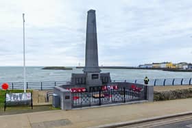 Donaghadee war memorial, minus a Union flag on display