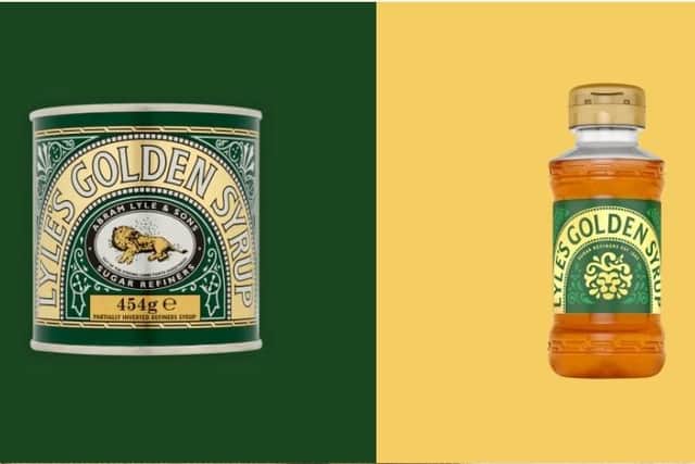 The traditional picture of the dead lion and bees with a biblical quotation underneath can be seen on the Golden Syrup tin on the left. The new branding is on the right, without any quotation.