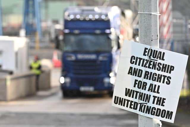 An anti-NI Protocol sign at the port of Larne. A Lurgan manufacturer believes that the Windsor Framework will not help his business because he does not believe the components he brings in from GB will be allowed to go through the green channel.