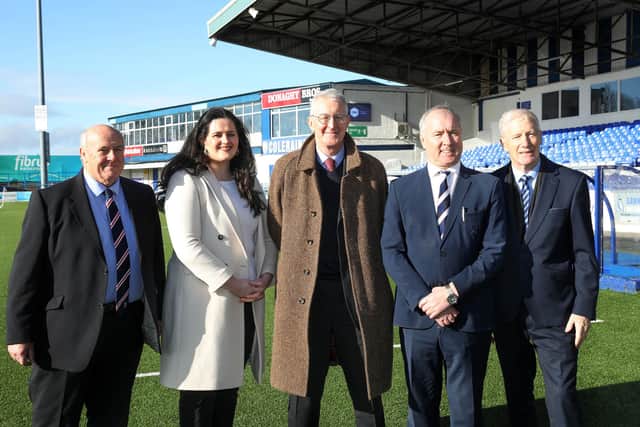 Pictured at the Showgrounds (l-r) is David Boyd (project co-ordinator), Claire Sugden MLA, Rt Hon Hilary Benn MP, Coleraine chairman Colin McKendry and Gregory Campbell MP