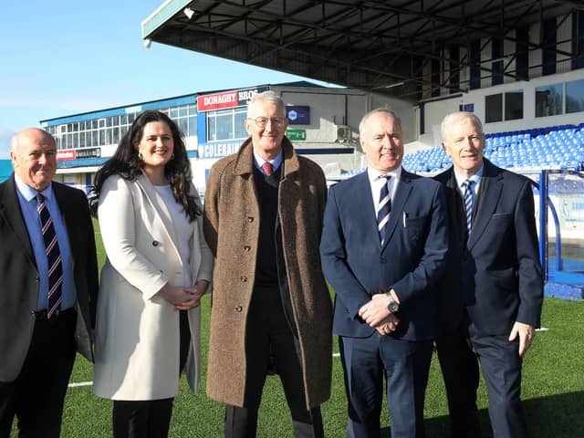 Pictured at the Showgrounds (l-r) is David Boyd (project co-ordinator), Claire Sugden MLA, Rt Hon Hilary Benn MP, Coleraine chairman Colin McKendry and Gregory Campbell MP