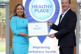Hughes Insurance has become the first and only company in Northern Ireland to achieve the Healthy Place to Work certification for the third time. It highlights the organisation as a leading firm for workplace health, culture, and well-being. Pictured are Bernie McHugh Sonner, acting CEO at Hughes Insurance and John Ryan, founder and CEO of Healthy Place to Work