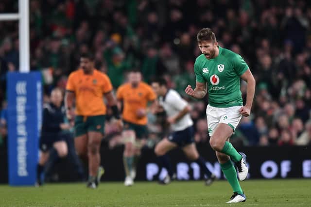 Ross Byrne of Ireland reacts after his late penalty kick during the Autumn International match between Ireland and Australia at Aviva Stadium on November 19, 2022 in Dublin. (Photo by Charles McQuillan/Getty Images)