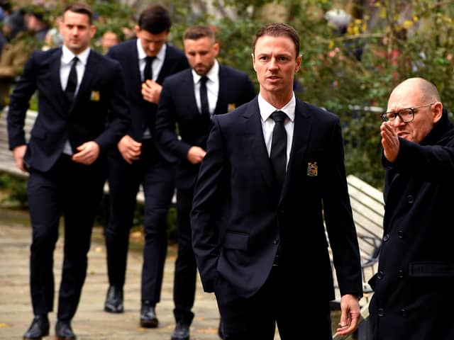 Northern Ireland and Manchester United defender Jonny Evans arrives ahead of the funeral service for Sir Bobby Charlton at Manchester Cathedral. (Photo by Andy Kelvin/PA Wire)