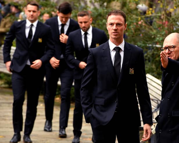 Northern Ireland and Manchester United defender Jonny Evans arrives ahead of the funeral service for Sir Bobby Charlton at Manchester Cathedral. (Photo by Andy Kelvin/PA Wire)