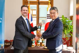 Northern Ireland Minister of State Steve Baker celebrates the historic deal with Kwan-tae Kim, executive marketing director, Golden Blue. The agreement will see almost 10,000 bottles of McConnell’s Irish Whisky shipped to South Korea