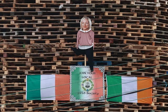 A effigy of Sinn Fein Vice President Michelle O'Neill on the Eastvale Avenue bonfire in Dungannon, on the Eleventh night to usher in the Twelfth commemorations. Photo: Liam McBurney/PA Wire