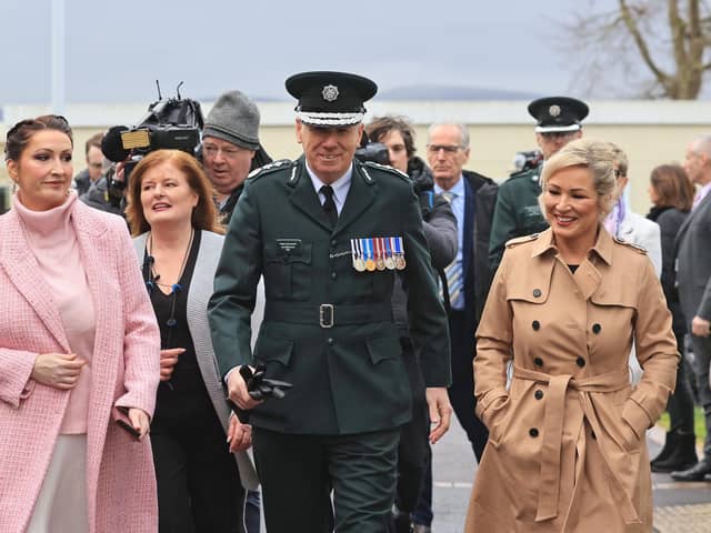 (left-right) Deputy First Minister Emma Little-Pengelly, Policing Board Chair Deirdre Toner, chief constable Jon Boutcher and Northern Ireland First Minister Michelle O'Neill attending a PSNI graduation ceremony at the PSNI College, Belfast