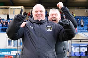 H&W Welders boss Paul Kee and assistant Graeme Philson celebrate after beating Glenavon in the previous round