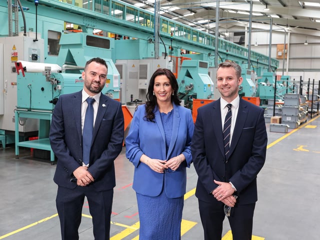 Pictured with dFM, Emma Little-Pengelly are Adam Hylands, business development manager and Joel Best, operations director