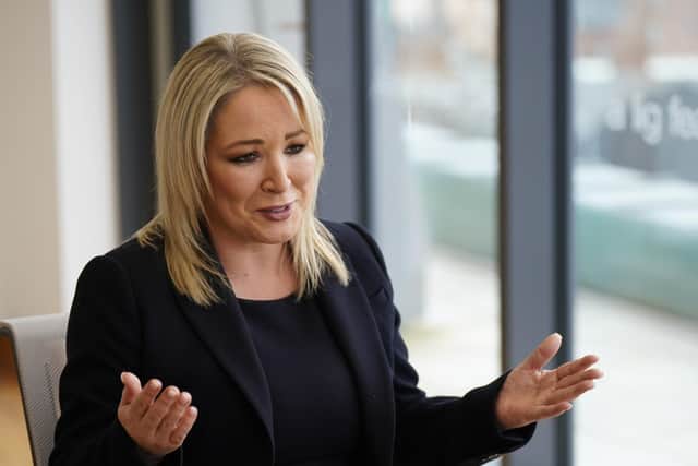 Sinn Fein's vice president Michelle O'Neill speaking to the media on the Falls Road, Belfast where she has announced that she will attend the coronation of King Charles III in London on May 6.
