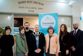 Mayor of Antrim and Newtownabbey, alderman Stephen Ross with staff from the Banh Boy, councillor Noreen McClelland, Chair of the Antrim and Newtownabbey Loneliness Network Valerie Adams, health and wellbeing locality lead at the Northern Trust Leah Glass and Trevor from Castle Mall Antrim
