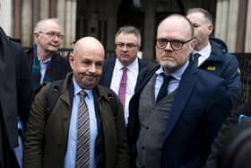 Journalists Barry McCaffrey (left) and Trevor Birney (right) outside the Royal Courts of Justice in London ahead of a specialist tribunal over claims UK authorities used unlawful covert surveillance