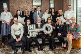 Eddie McKeever, Northern Ireland Hotels Federation (NIHF) President and host Pamela Ballantine are pictured with the hotel heroes from across Northern Ireland
